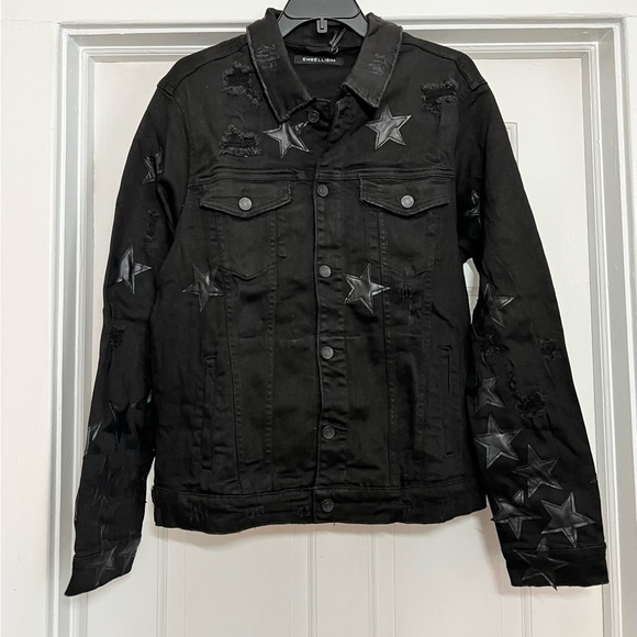 Black Denim Jacket by Embellish black distressed with stars size XL XLarge - Picture 3 of 12